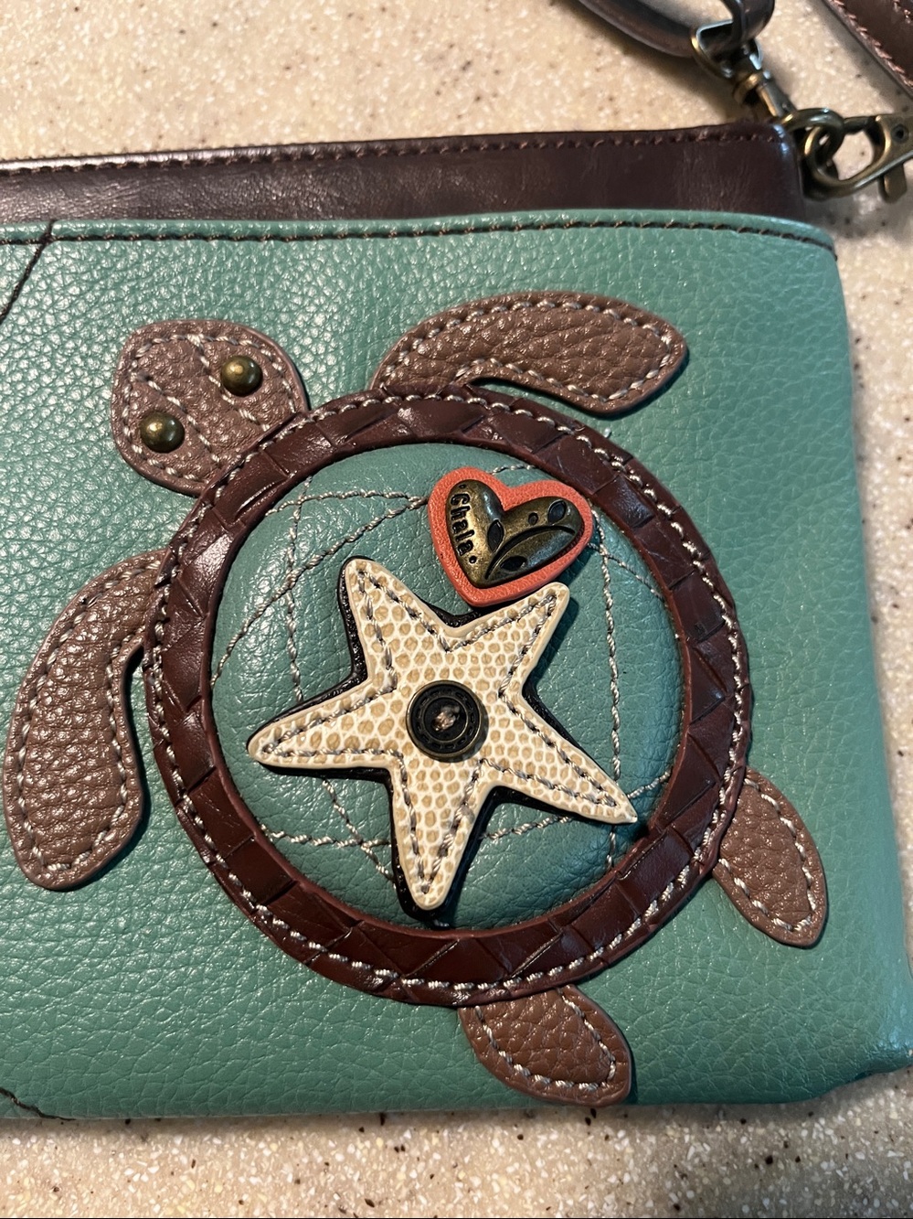 Chala green Crossbody Bag with Turtle Applique and Brown Strap - Picture 3 of 8